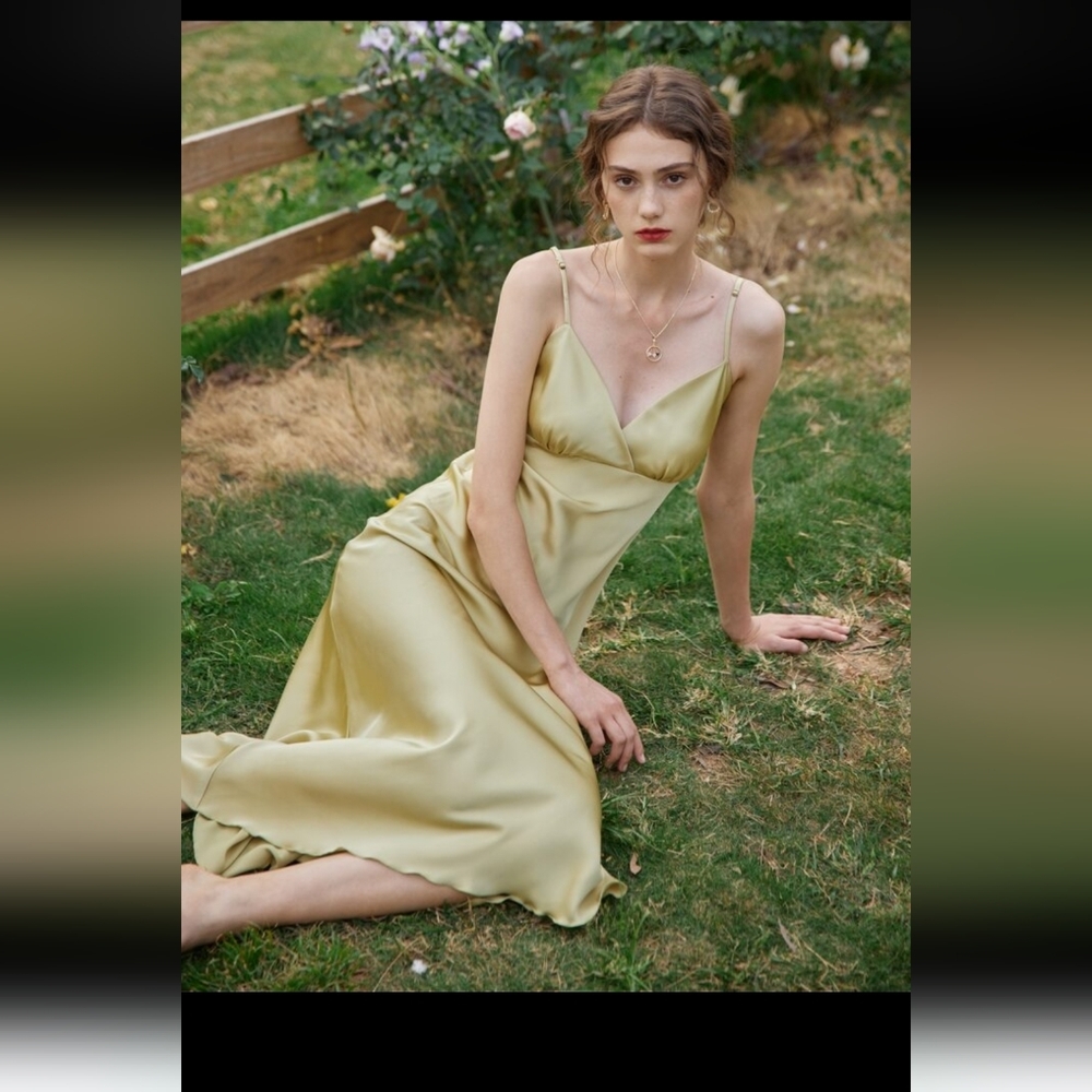 Simple retro Kristin French V-Neck Slip Yellow-green Dress XL - Picture 4 of 7